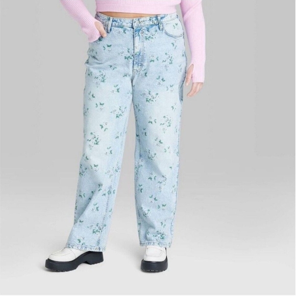 Size 17 NWT Women's 90's Relaxed Straight Jeans - Wild Fable - Light Blue Floral - Picture 6 of 11